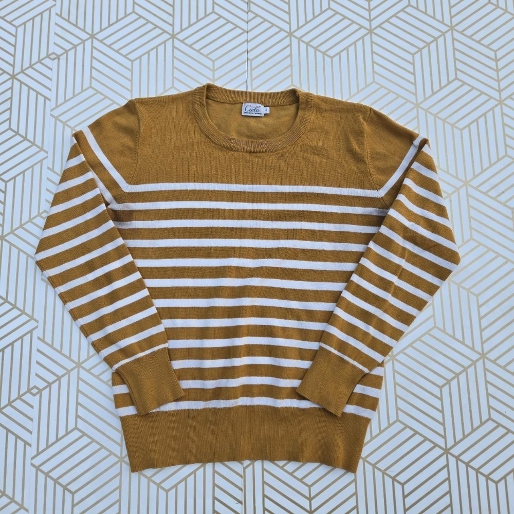 Cielo Yellow & White Stripped Crewneck Stretched Pullover Sweater Women